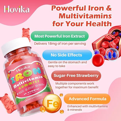 Iron Supplement Gummies for Kids with Multivitamin, Calcium, Zinc, Folate - Kids Iron Gummies Support Immune, Blood Builder, Iron Deficiency, Anemia & Energy - Vegan, Peach 60 Count