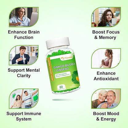 2 Packs 240mg Ginkgo Biloba Gummies, Supports Healthy Brain Function, Mood and Memory Support for Adults, 120 Cts
