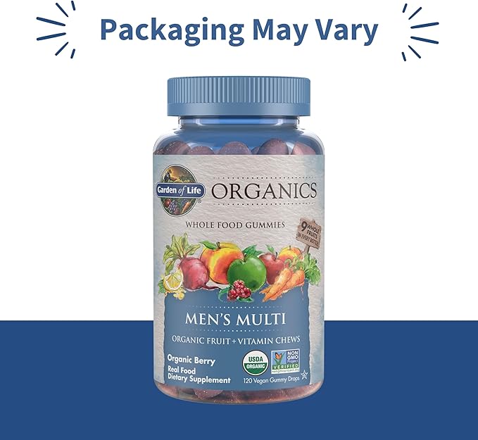 Garden of Life Organics Men's Gummy Vitamins - Berry - Certified Organic,Non-GMO,Vegan,Kosher Complete Multi - Methyl B12,C & D3 - Gluten,Soy & Dairy Free,120 Real Fruit Chew Gummies,(Pack of 2)