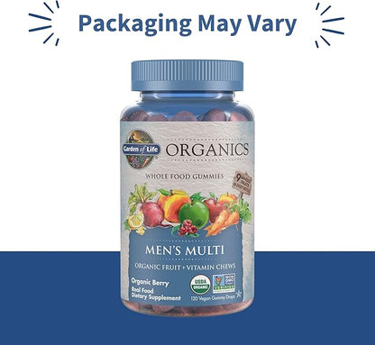Garden of Life Organics Men's Gummy Vitamins - Berry - Certified Organic,Non-GMO,Vegan,Kosher Complete Multi - Methyl B12,C & D3 - Gluten,Soy & Dairy Free,120 Real Fruit Chew Gummies,(Pack of 2)