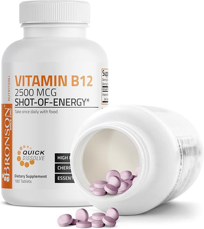 Vitamin B12 2500mcg Shot Of Energy Fast Dissolve Chewable Tablets - Quick Release Cherry Flavored Sublingual B12 Vitamin - Supports Nervous System, Healthy Brain Function Energy Production – 180 Count