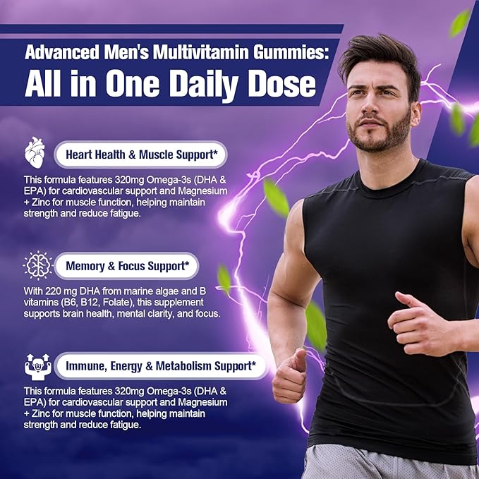 2-Pack Multivitamin for Men, Mens Multivitamins Gummies w/Omega-3, Probiotics, Inositol, Folate, Male Support Blend, Vitamins A, C, D, E, B - Support Heart, Brain, Muscle, Energy, Sugar-Free Gummy