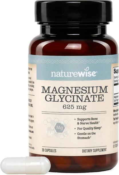 NatureWise Magnesium Glycinate 625 mg - High Absorption Chelated Magnesium Glycinate for Sleep, Relaxation, Muscle & Bones* - Gentle on Stomach, Vegan, Non-GMO - 30 Capsules[30-Day Supply]