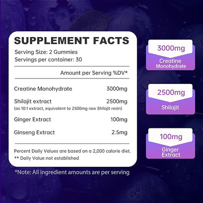 Creatine Gummies 3000mg with Shilajit | Juice-Burst Filled for Muscle Recovery, Strength & Energy Booster | Natural Testosterone & Cognitive Support for Men & Women | 60 Count, Blueberry Flavor
