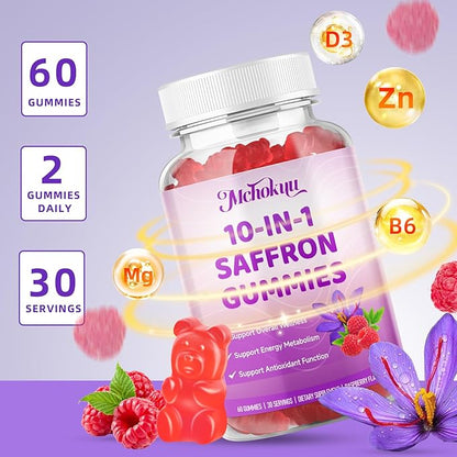 Saffron Supplement Gummies for Kids & Adults Supports Antioxidant Function with Ashwagandha, L-Theanine, Rhodiola Rosea, Lemon Balm, Vitamin D3, B6, Magnesium & Zinc – Raspberry Flavor, 120 Count