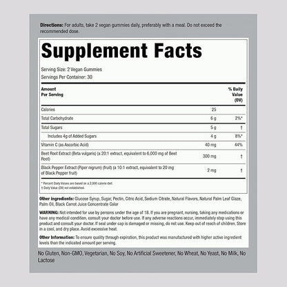 Piping Rock Beet Root Gummies | 60 Count | for Men and Women | Nitric Oxide Supplement | with Vitamin C and Black Pepper | Strawberry Flavor | Vegan, Non-GMO, Gluten Free