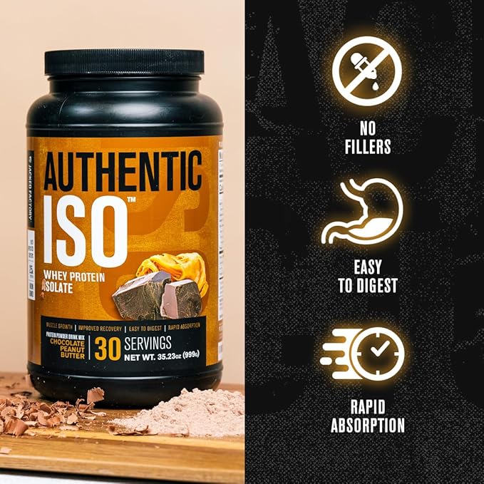 Jacked Factory Authentic ISO Grass Fed Whey Protein Isolate Powder - Low Carb, Non-GMO Muscle Building Protein w/No Fillers, Post Workout Recovery, Chocolate Peanut Butter - 25 Servings