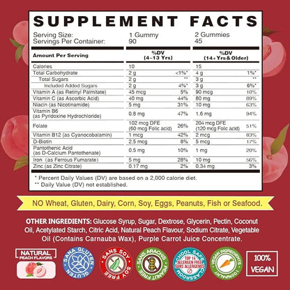 Iron Gummies Supplements for Women & Kids - Multivitamin with Iron for Blood Oxygen, Great Tasting Gummy Vitamins with Vitamin C for Max Absorption - Vegan Chewable, Peach Flavor(3 Packs)