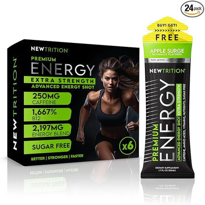 NewTrition® Extra Strength Energy Shots, 1.7 fl oz - 250mg Caffeine with Vitamin B & Amino Acids, Sugar-Free, Zero Calorie Vitamin Energy Drink for Focus & Endurance (Pack of 6, Apple Surge)