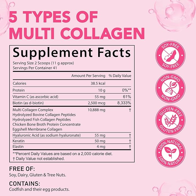 Multi Collagen Peptides Powder, 1 lb Unflavored Hydrolyzed Collagen Types I, II, III, V, X，16 oz (41 Servings)-Hyaluronic Acid Power,Grass Fed Collagen Supplements for Women and Men, Non GMO