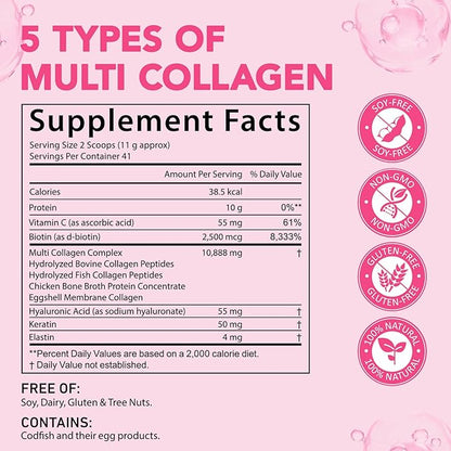 Multi Collagen Peptides Powder, 1 lb Unflavored Hydrolyzed Collagen Types I, II, III, V, X，16 oz (41 Servings)-Hyaluronic Acid Power,Grass Fed Collagen Supplements for Women and Men, Non GMO