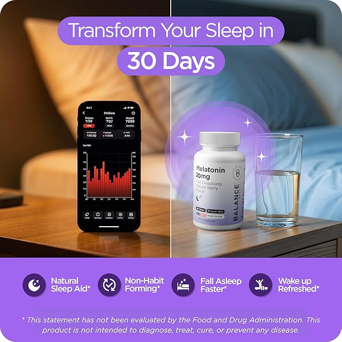 Balancebreens Melatonin 20mg Fast Dissolve Tablets - High Potency, Fast Acting, Natural Sleep Support – Sleep Aids for Adults – Non-Groggy, Drug-Free Formula – 120 Sleeping Pills