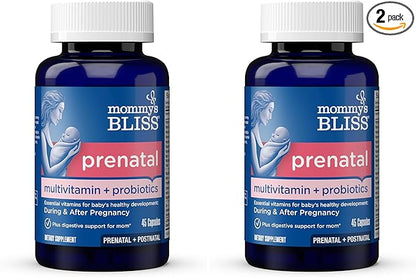 Mommy's Bliss Prenatal Multivitamin Probiotic for Women w/Folic Acid, Supports Baby Development & Digestion w/Zinc, Vitamin B6 & B12, Ginger & Choline, Vegan & Gluten Free (45 Servings) (Pack of 2)