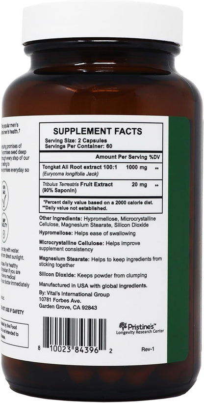 PRISTINE'S Tongkat Ali Capsules - 1000MG 60 Day Supply - Athletic Performance Support - Lean Mass Muscle Building Herbal Supplement for Men & Women - Vegan, Gluten Free, Non GMO