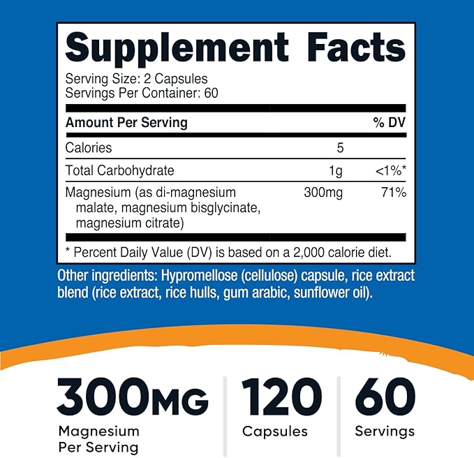 Nutricost Triple Magnesium Complex (300mg, 120 Capsules) - from Di-Magnesium Malate, Bisglycinate and Citrate, 60 Servings