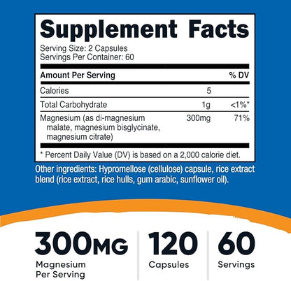 Nutricost Triple Magnesium Complex (300mg, 120 Capsules) - from Di-Magnesium Malate, Bisglycinate and Citrate, 60 Servings