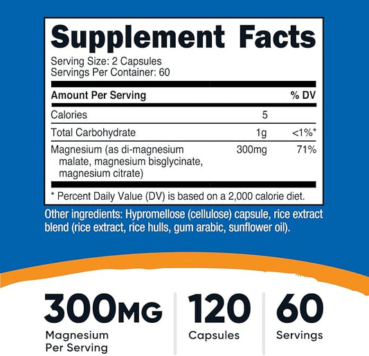 Nutricost Triple Magnesium Complex (300mg, 120 Capsules) - from Di-Magnesium Malate, Bisglycinate and Citrate, 60 Servings