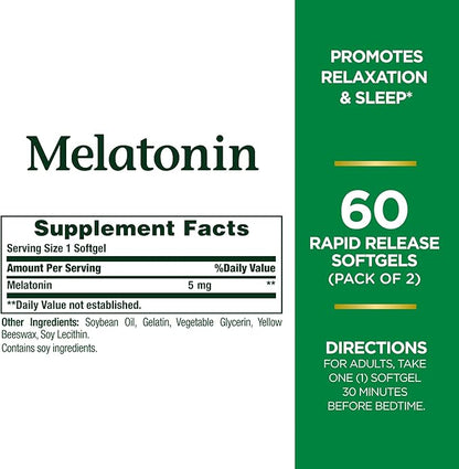 Nature's Bounty Melatonin 5mg, 100% Drug Free Sleep Aid, Dietary Supplement for Relaxation and Sleep Health - 4 Month Supply, 60 Rapid Release Softgels Twin Pack (120ct) (Pack of 2)