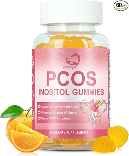 PCOS Inositol Gummies for Ovarian & Hormonal Balance, 60 Count PCOS Gummies with Myo-Inositol, Folate & Zinc Helps Menstrual Cycle, Orange Flavor Ovulation Gummy for Wellness Ovulation & Fertility