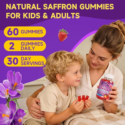 Saffron Supplements for Kids & Adults, 10 in 1 Saffron Gummies 88.5mg Saffron Extract with Ashwagandha, L-Theanine for Calm, Zzz, Antioxidant, Sugar-Free/Organic, Strawberry Flavor 120 Count