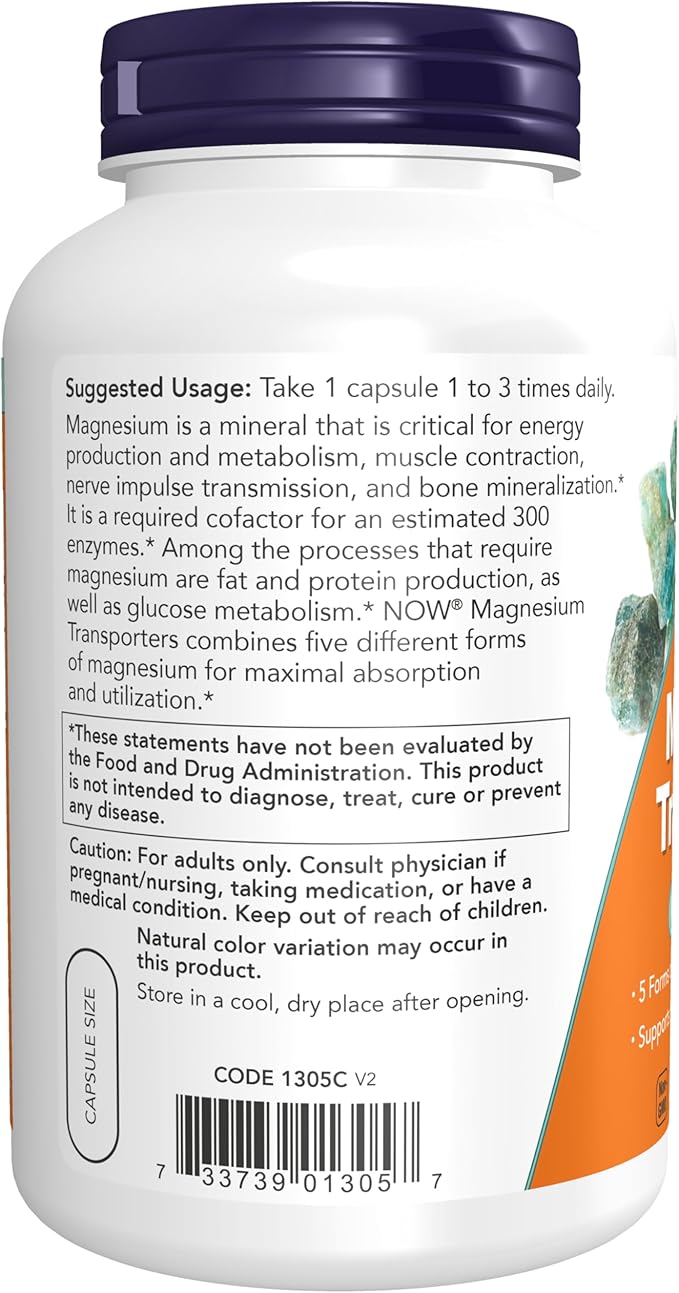 NOW Foods Supplements, Magnesium Transporters with 5 Forms of Magnesium for Optimal Bioavailability, 180 Veg Capsules