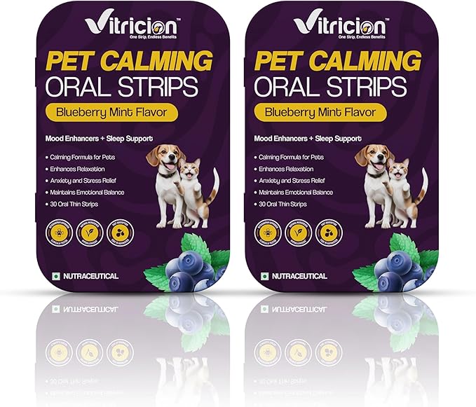 Pet Calming Oral Strips for Dogs and Cats – 60 Strips, Fast-Acting Anxiety Support Supplement with Melatonin and L-Theanine, Natural Support for Travel, Thunder, Grooming – Blueberry Mint