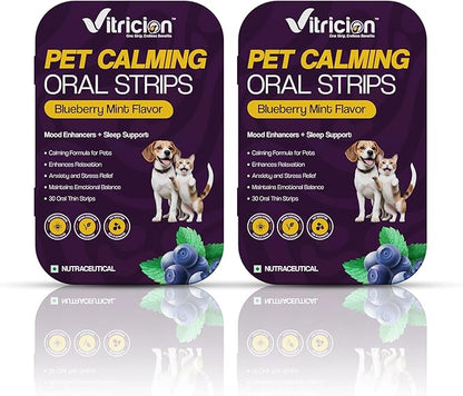 Pet Calming Oral Strips for Dogs and Cats – 60 Strips, Fast-Acting Anxiety Support Supplement with Melatonin and L-Theanine, Natural Support for Travel, Thunder, Grooming – Blueberry Mint