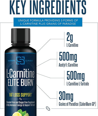 L-Carnitine Elite Burn Liquid Keto Fat Burner and Metabolism Activator - Fat Loss Support Keto Friendly Weight Loss Increase Energy-Stimulant Free - Lemon Lime 3000mg (32 Servings)