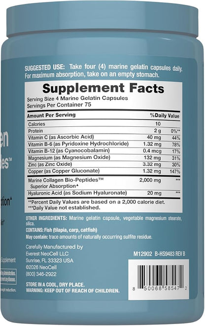 NeoCell Marine Collagen Peptides Capsules | 300 Pills | with Hyaluronic Acid | Plus Vitamin C | Superior Absorption Bio-Peptides for Women and Men | Premium Formula Supplement