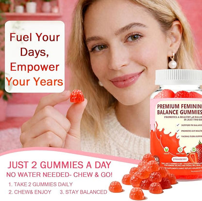 PH Gummies for Women - Ph Balance Gummies for Women Private Area, Feminine Gummy for Immune & Energy Supplement, Vegan, Gluten-Free, Strawberry Flavor, 60 Count