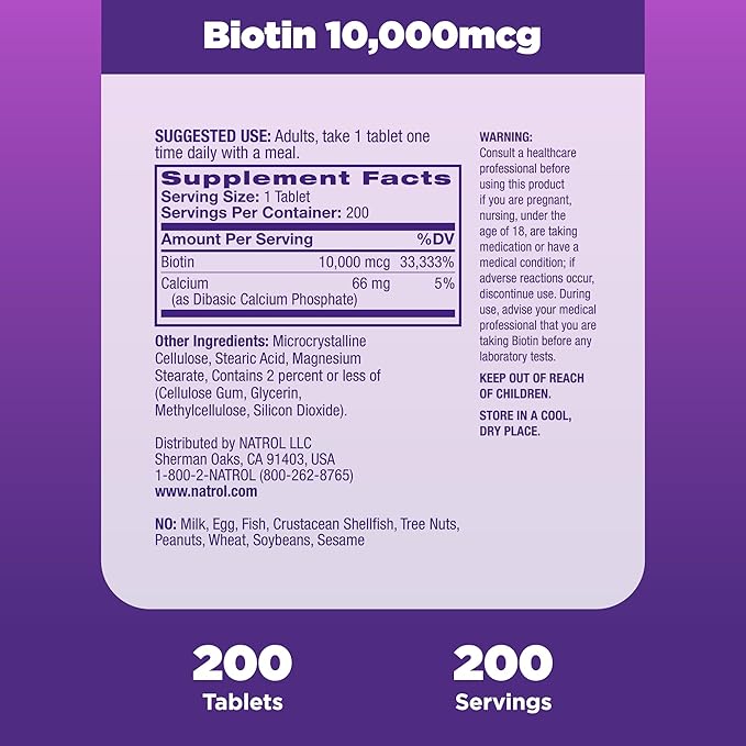 Natrol Biotin 10000mcg, Supplement for Healthy Hair, Skin and Nails for Those Low in Biotin, Plus Energy Metabolism Support, 200 Tablets, Up to a 200 Day Supply,(Pack of 2)