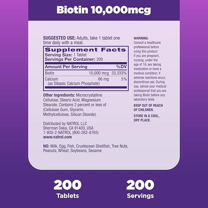 Natrol Biotin 10000mcg, Supplement for Healthy Hair, Skin and Nails for Those Low in Biotin, Plus Energy Metabolism Support, 200 Tablets, Up to a 200 Day Supply,(Pack of 2)
