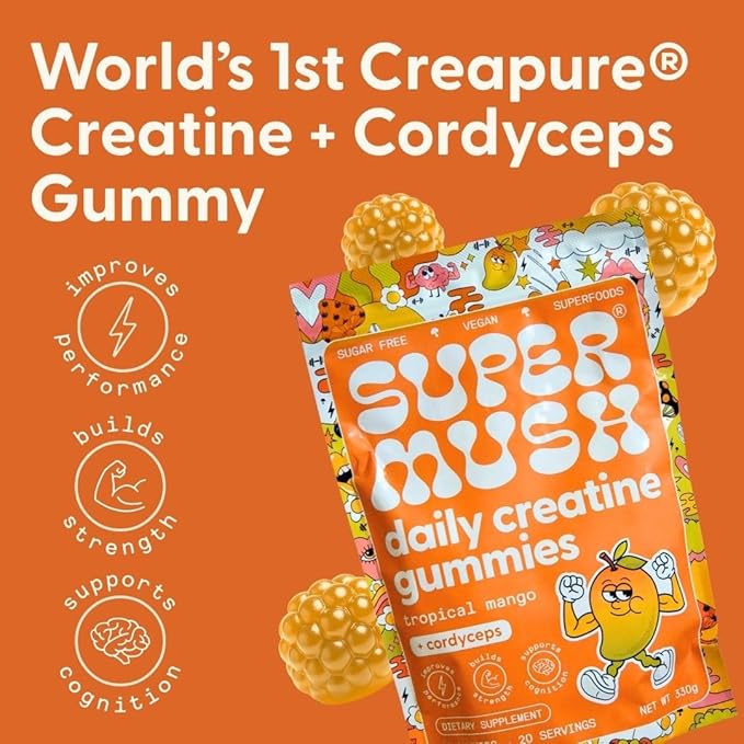 SuperMush Daily Creatine Gummies with Cordyceps - Daily Superfood - Sugar Free Creatine Monohydrate Supplement for Strength, Focus, and Recovery – Vegan Gummy Formula, Mango Flavor, 20-Day Supply