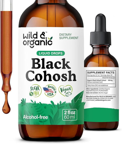 Wild & Organic Black Cohosh Supplements Women - Menopause & Perimenopause Support - 540 mg Natural Black Cohosh Tincture - Add to Tea Liquid Drops - 2-Month Supply - Vegan, Sugar & Alcohol-Free - 2 oz
