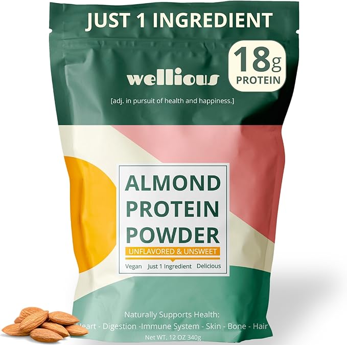 wellious Almond Protein Powder (Unflavored, Unsweetened) - 18 Grams of Pure Healthiest Vegan Protein for Women & Men | Soy-Free & Gut Friendly Protein Powder for Sports Nutrition