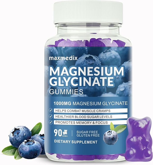Magnesium Glycinate Gummies 1000mg, Sugar Free Magnesium Potassium Supplements Chewable for Adults with L-Threonate for Sleep, Body Support and Relaxation,90 Blueberry Gummies