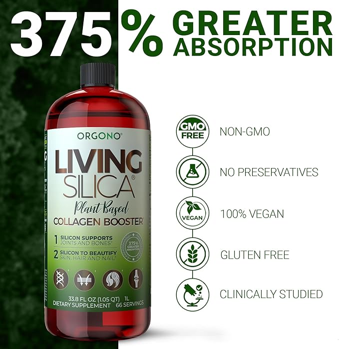 Living Silica ORGONO Plant-Based Collagen Booster | Horsetail Extract & Rosemary | Supports Collagen & Elastin for Joint & Bone Health, Glowing Skin, Strong Hair & Nails | 33.85 Fl Oz