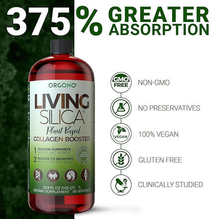 Living Silica ORGONO Plant-Based Collagen Booster | Horsetail Extract & Rosemary | Supports Collagen & Elastin for Joint & Bone Health, Glowing Skin, Strong Hair & Nails | 33.85 Fl Oz