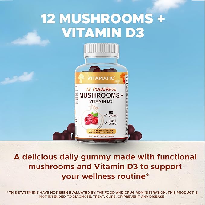 Vitamatic Mushroom Complex Gummies with D3 – Plant-Based Botanical Extract – Pectin-Based, Non-GMO – Herbal Supplement Gummies – 60 Count - 2 Pack (120 Count)