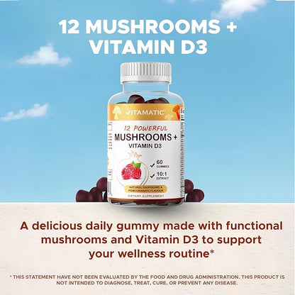 Vitamatic Mushroom Complex Gummies with D3 – Plant-Based Botanical Extract – Pectin-Based, Non-GMO – Herbal Supplement Gummies – 60 Count - 2 Pack (120 Count)
