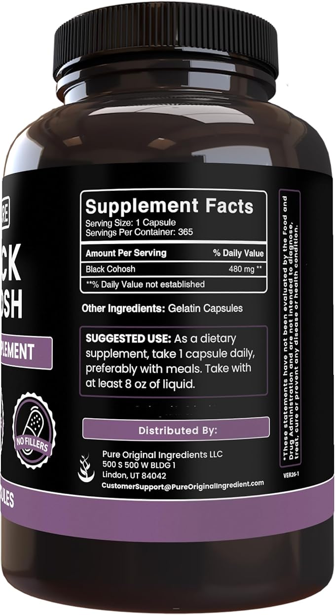 Pure Original Ingredients Black Cohosh (365 Capsules) No Magnesium Or Rice Fillers, Always Pure, Lab Verified