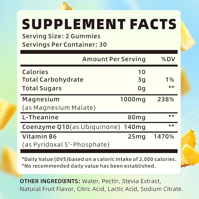 Magnesium Malate Gummies 1000mg, Chewable Magnesium Malate Supplements with CoQ10, L-Theanine & Vitamin B6 for Energy Boost & Muscle Health, Sugar-Free/Vegan, Pineapple Flavor 60 Count