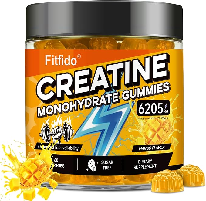 Creatine Monohydrate Gummies for Men & Women - 6205mg per Serving, Containing L-carnitine & Taurine, Post Workout Muscle Recovery, Strength & Energy Boost, Sugar Free & Vegan (60, Mango)