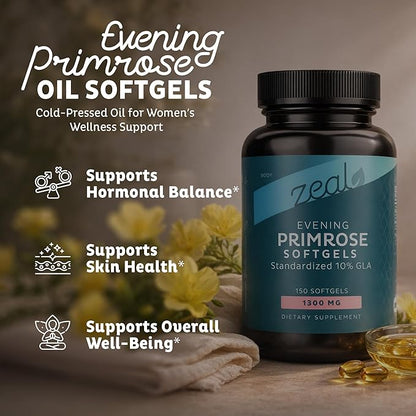 Zeal Evening Primrose Oil Softgels 1300mg for Women - GLA Supplement (Gamma Linolenic Acid 130mg) - Hormone Support, Skin & Hair Health - 150 Softgels