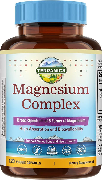 Terranics 5-in-1 Magnesium Complex Supplement 500mg - 5 Forms High Absorption Magnesium Glycinate Citrate Malate Aspartate Gluconate for Sleep Heart Health - Non-GMO 120 Vegan Capsules
