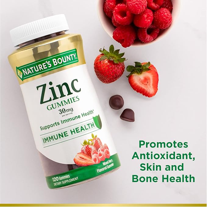 Nature’s Bounty Zinc Gummies, Immune Support Gummies, Supports Skin & Antioxidant Health, Mixed Berry, 30mg, 120 Count (Pack of 3)