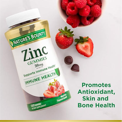 Nature’s Bounty Zinc Gummies, Immune Support Gummies, Supports Skin & Antioxidant Health, Mixed Berry, 30mg, 120 Count (Pack of 3)