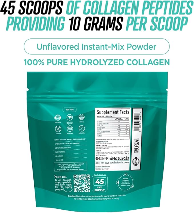 Collagen Peptides Protein Powder Instant-Mix [Unflavored] Hydrolyzed Collagen Supplement – from Pasture-Raised Grass-Fed Bovine Beef Non-GMO Keto & Paleo Friendly Anti-Aging Supplements PhiNaturals