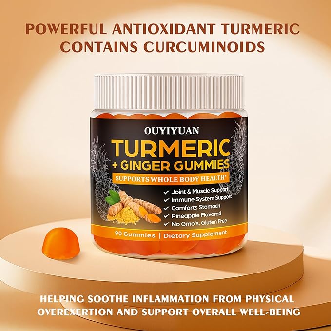 Turmeric Gummies, Joint & Muscle Relief + Immune Support, Natural Pineapple Flavor, Non-GMO Gluten-Free, 90 Gummies