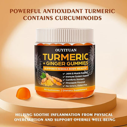 Turmeric Gummies, Joint & Muscle Relief + Immune Support, Natural Pineapple Flavor, Non-GMO Gluten-Free, 90 Gummies